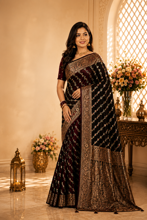 Woman in a traditional saree standing in an elegant room with floral arrangements and decorative lanterns.