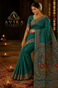 Teal Blue Madhubani Art Silk Saree with Handcrafted Bead Work | Avika Sarees