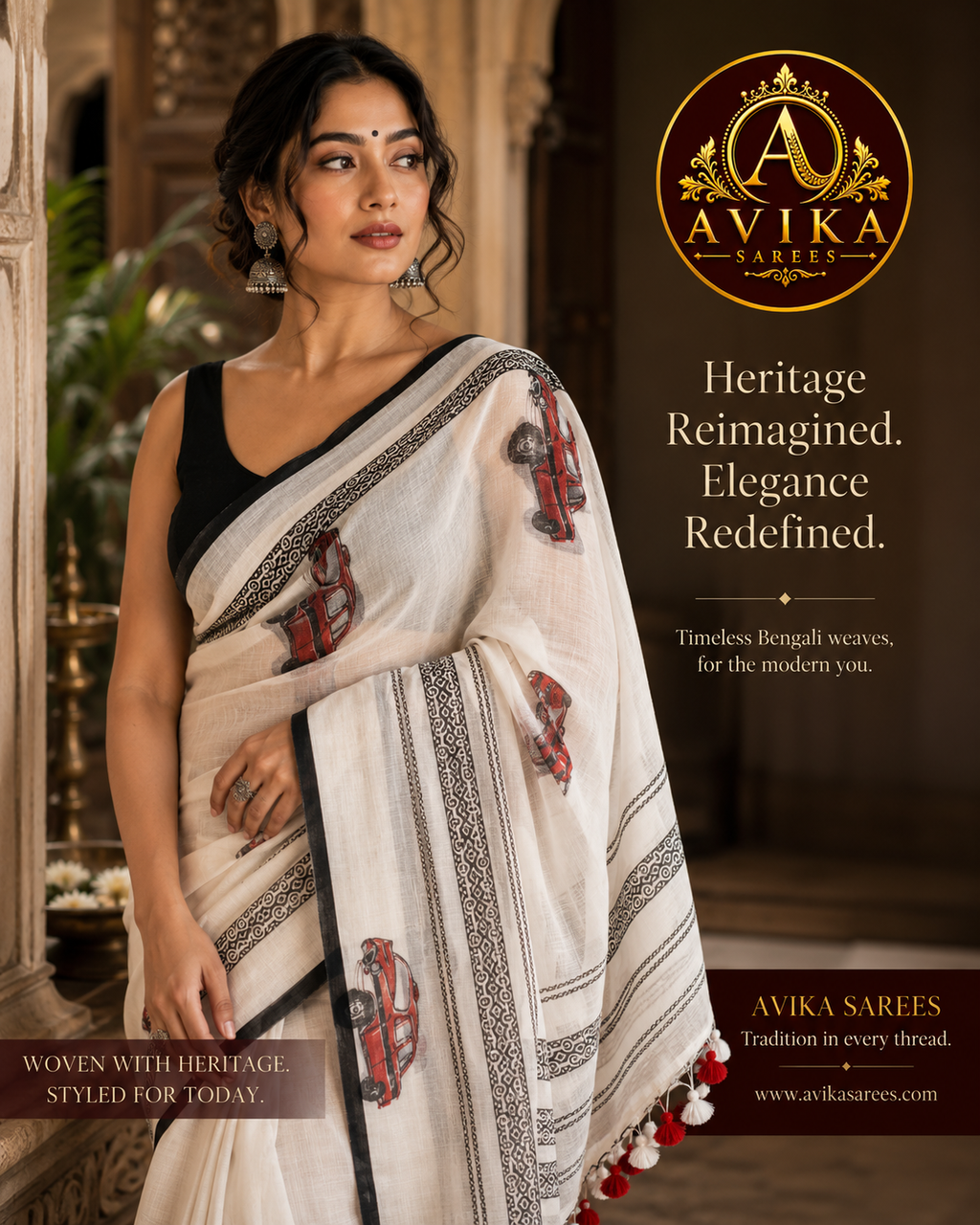 Pure Cotton Taxi Printed Saree (White+Red/Yellow)