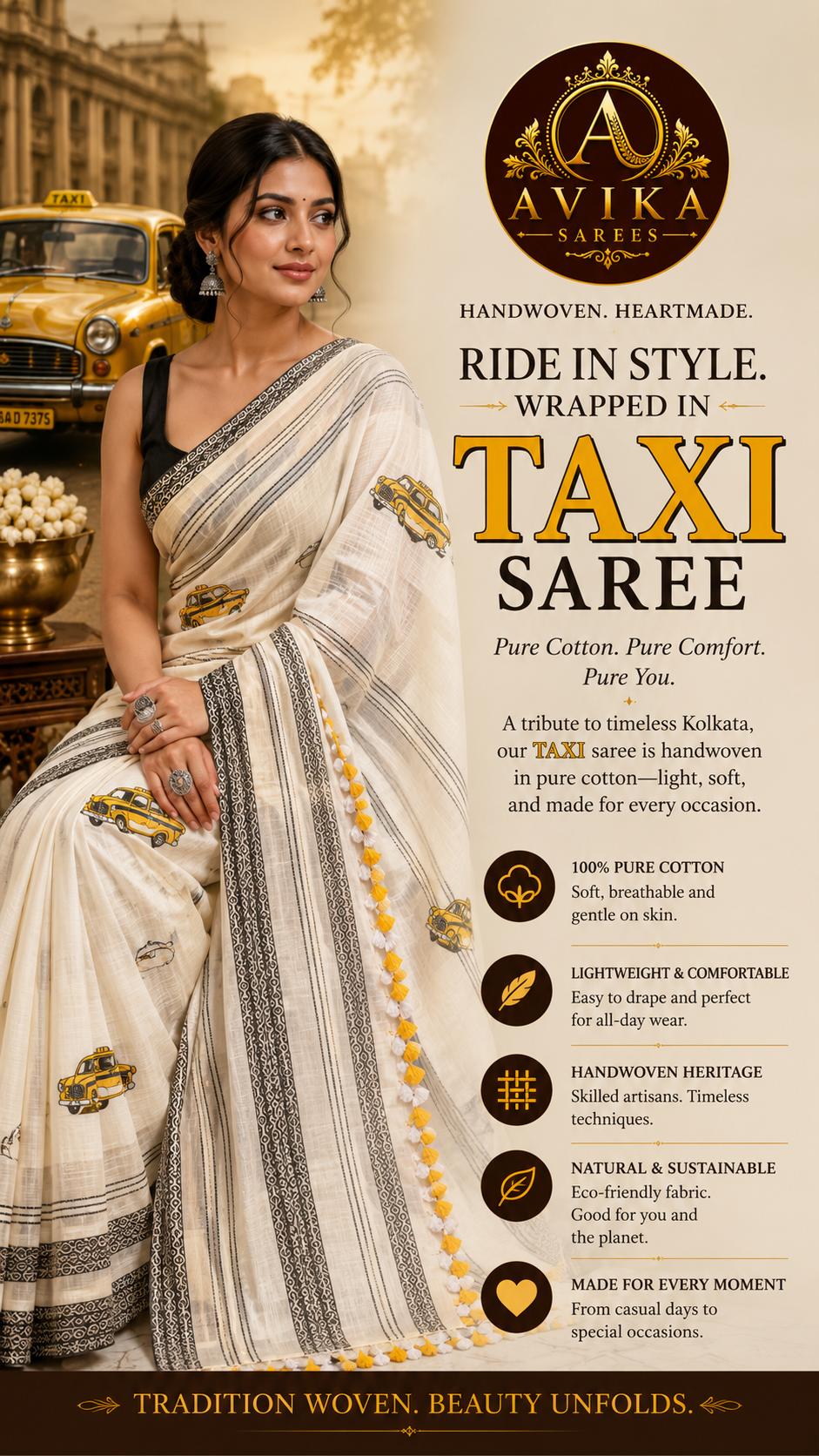 Pure Cotton Taxi Printed Saree (White+Red/Yellow)